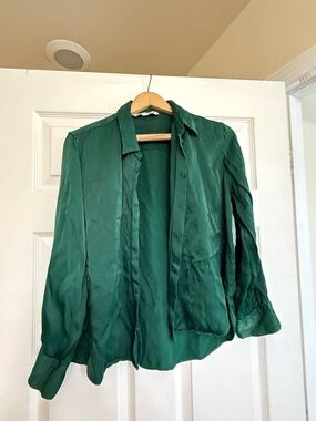 Zara Deep Green Satin Button-Down Shirt